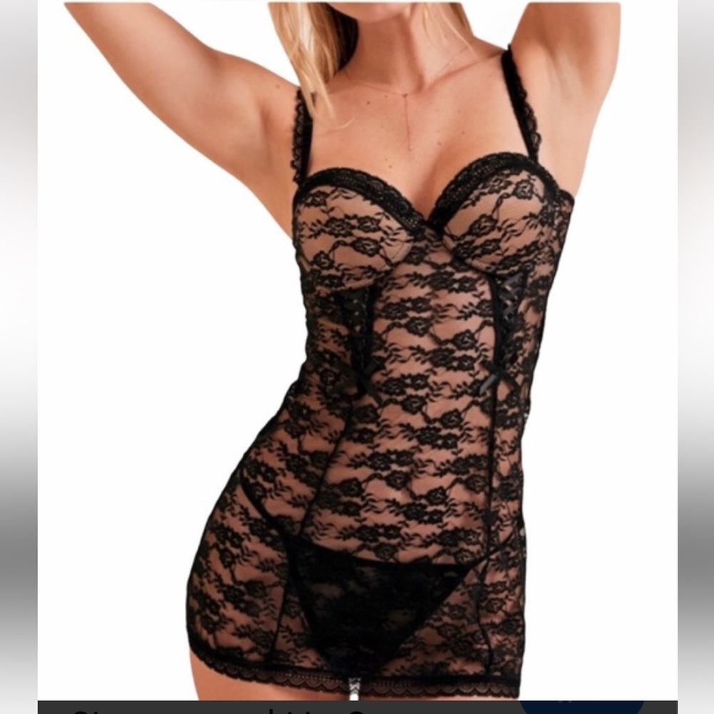 Black Lace Bustier Chemise - Women Intimates